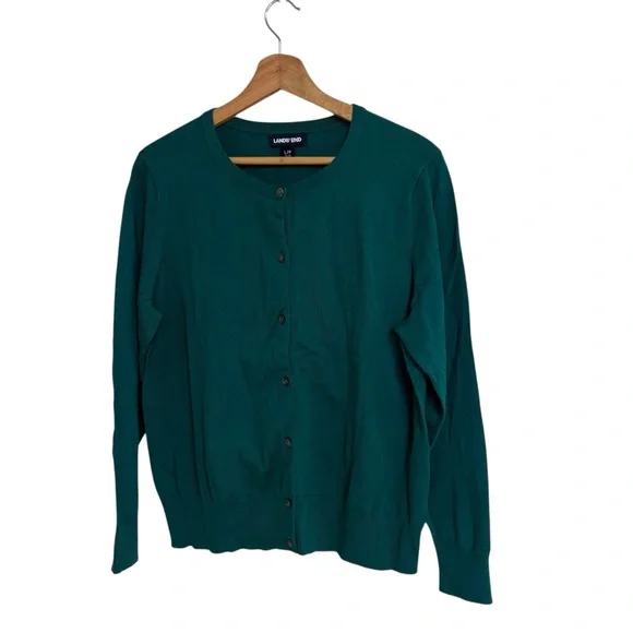 Lands’End dark green fine gauge cotton blend long sleeve button cardigan size LP - Picture 5 of 13